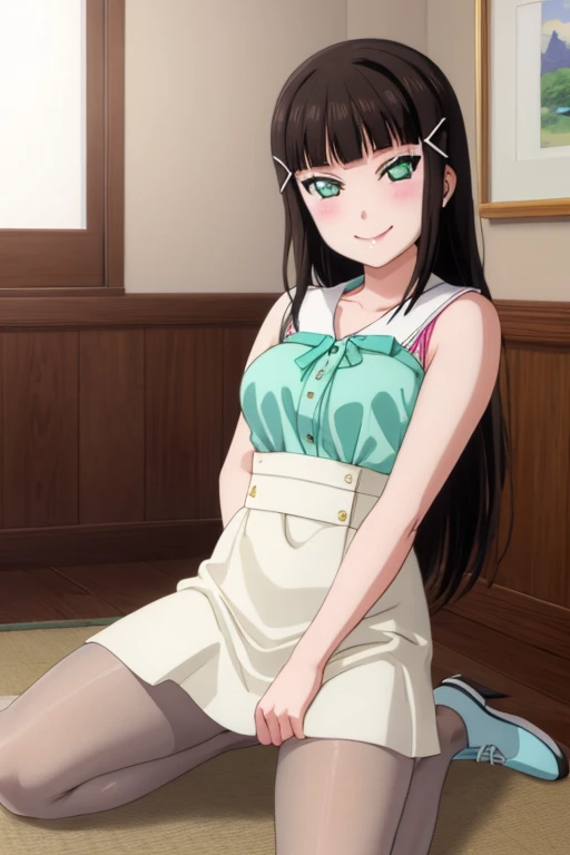 pixel-perfect, best quality, ultra-detailed masterpiece, dia kurosawa, pantyhose, open legs, smile