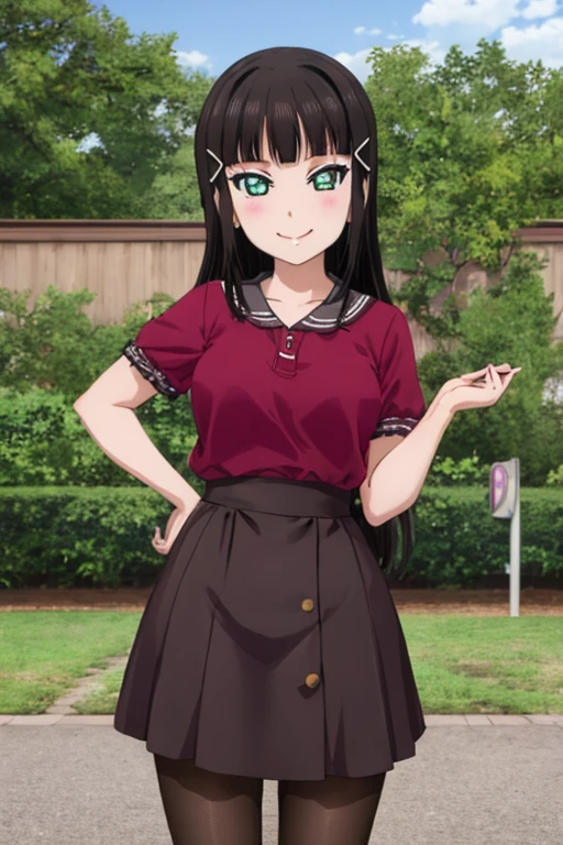 pixel-perfect, best quality, ultra-detailed masterpiece, dia kurosawa, pantyhose, open legs, smile