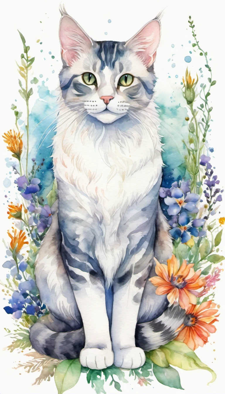 A mesmerizing watercolor and pencil illustration captures the essence of a whimsical feline creature, blending flora and fauna in a magical union. The serene cat, with its intricately crafted form from diverse, vibrant flowers, sits gracefully amidst a pristine white background. The delicate petals of the flowers intertwine seamlessly, creating a harmonious blend of colors that stand out against the blank canvas. This enchanting, otherworldly scene transports the viewer to a magical realm, captivating their senses and leaving them in a state of awe., illustration, painting