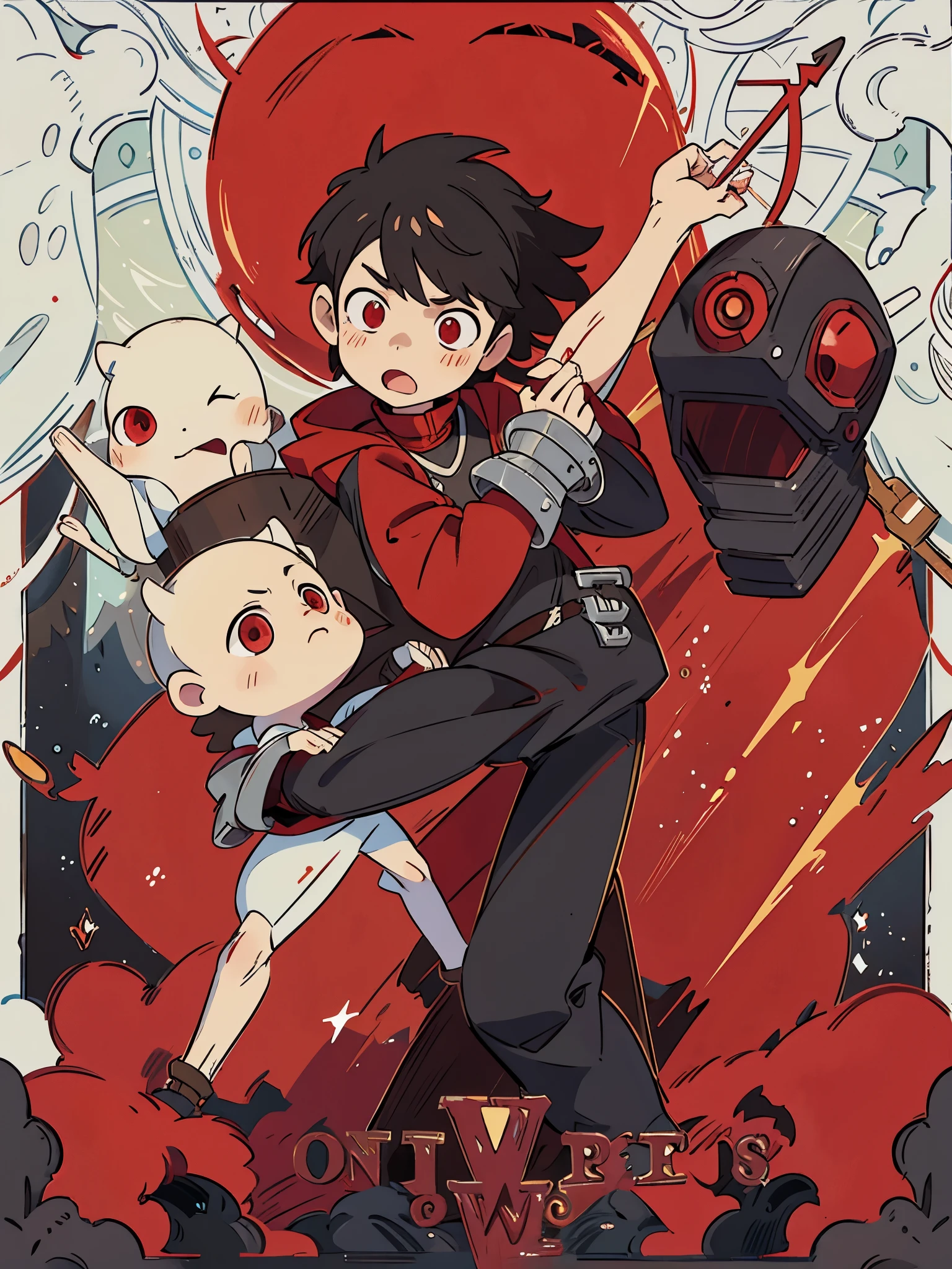 Boy with left arm and right leg mechanical red spiral eyes with black armor 