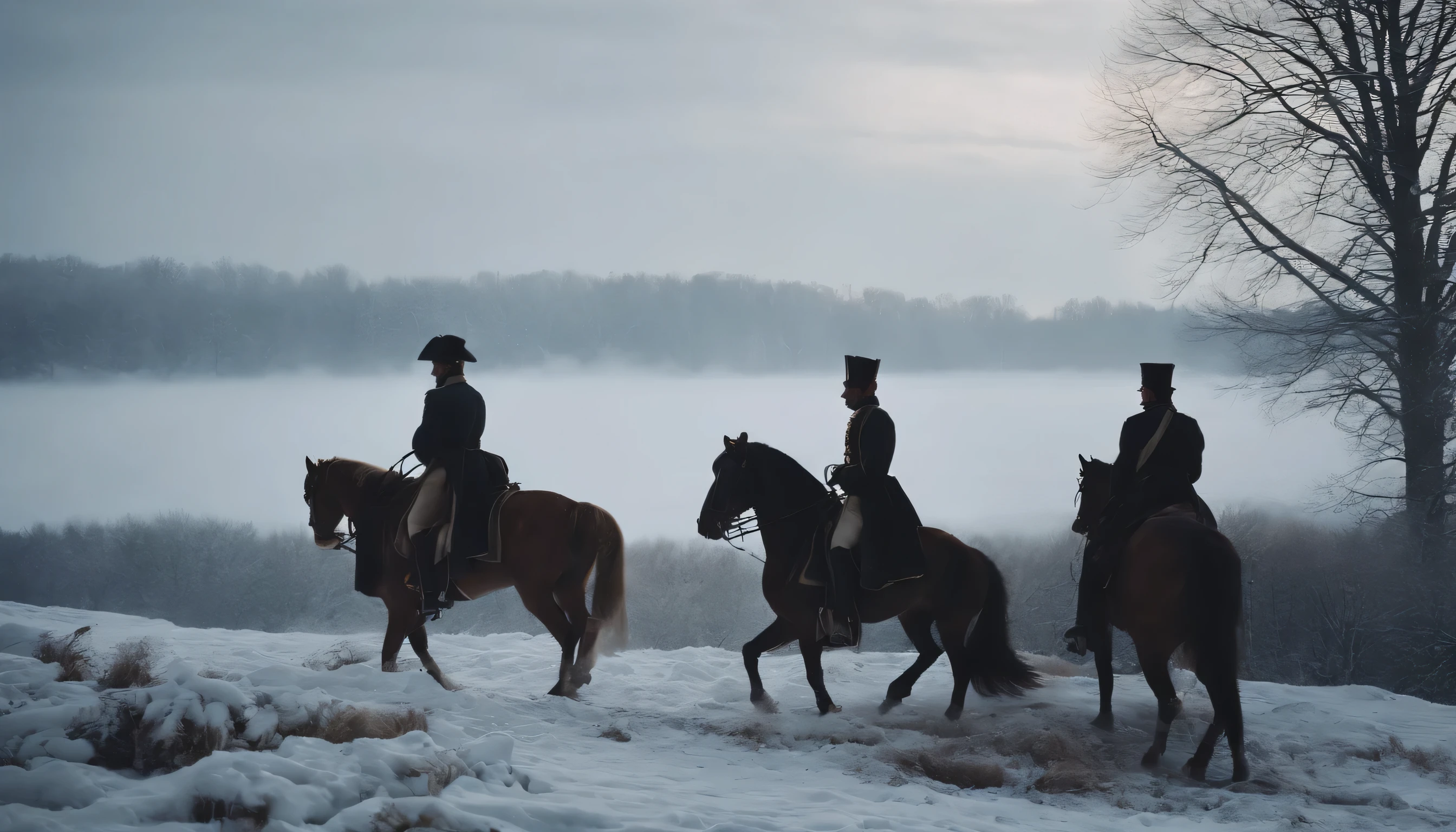 (magnificent),(best quality),Hyper-realistic,(Cossack cavalry+Snowy background:1.3+High-gloss texture),Race across the earth,wild_and_free,Lens shake,The wind blows the ponytail,Raised hope,snow covered,At the crack of dawn,(Sunlight shines on the ground through the clouds),Volumetric light,Super large image width,telephoto lenses,Chilling/Warm style,((Double riding:1.4)+military uniform),(snowflakes:0.8+sunlight:0.8),The picture is expressed with passion,Convey the emotion of hope。 --auto