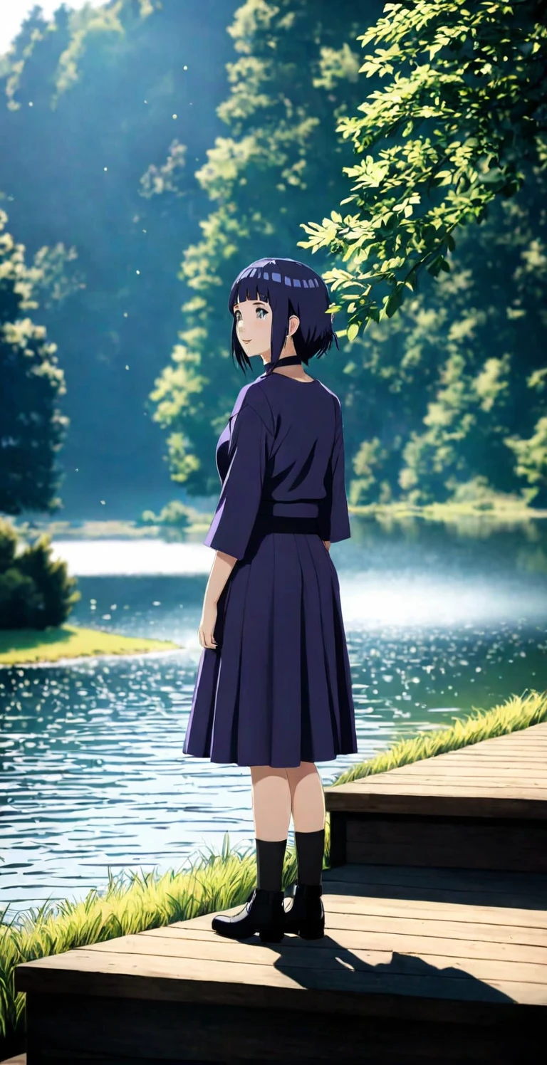 close-up from side, (30 years old adult-Hinata) walk next to lake, [enchanting, surreal, studio lighting, HDR, UHD, K]