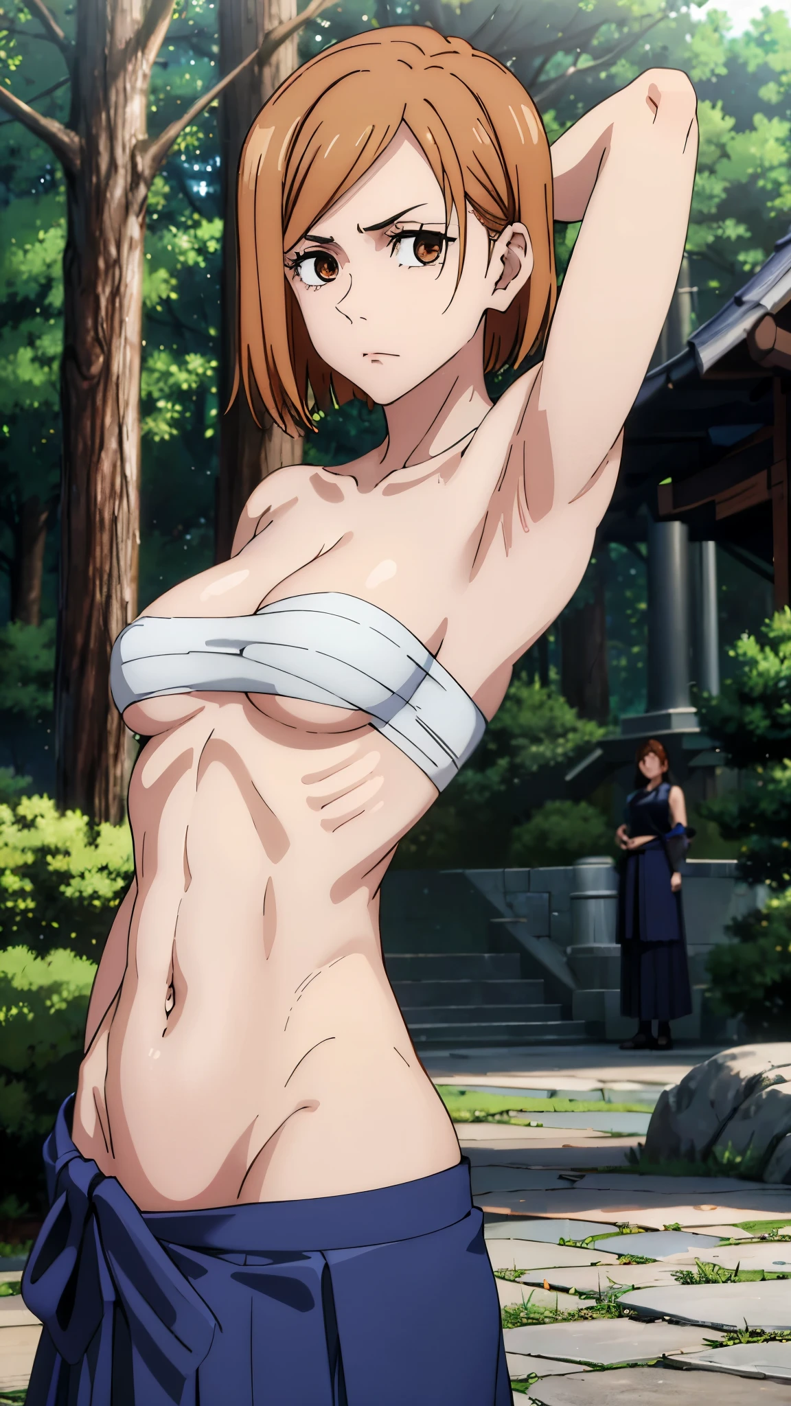 masterpiece, highres, solo, 8k, detailed, perfect face, best quality, (ultra high quality), (looking at viewers), (armpit), collarbone, bare arms, bare shoulders, big breast, cleavage, orange hair, short hair, brown eyes, gradation eyes, belly, stomach, navel, abs, sarashi chest, bandaged breast, (dark blue hakama), slim body, upper body, emotionless, flat face, closed mouth, at forest, hand up