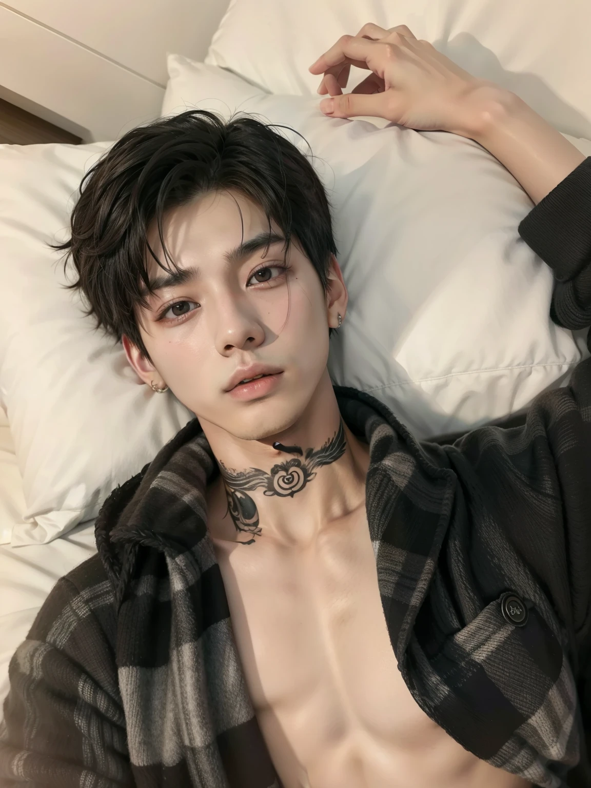 Hombre arafed acostado en una cama con un tatuaje en la frente., pintar ulzzang, Cai Xu Kun, handsome japanese demon boy, yanjun chengt, 1 7-year-old boy with a thin face, jinyoung shin, aesthetic jinyoung pimple, hombre surcoreano, inspirado por Zhang Han, jovencito, kanliu666, inspirado en Bian Shoumin