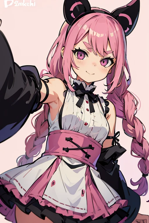 Girls with pink hair, long double-tailed hairstyle, ((small pink bushy eyebrows)), wearing lolita clothing, shorts, marked vagina, lolicon (Zankuro) drawing style by zankuro artist, Zancro style, image uploaded to R34, flirty smile, take a selfie from below, close-up, (( showing pubes )) in street ((grabbing breast each other))