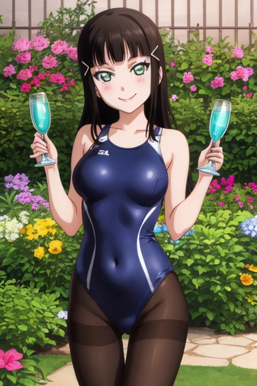 pixel-perfect, best quality, ultra-detailed masterpiece, dia kurosawa, one-piece swimsuit, pantyhose, garden, open legs, smile