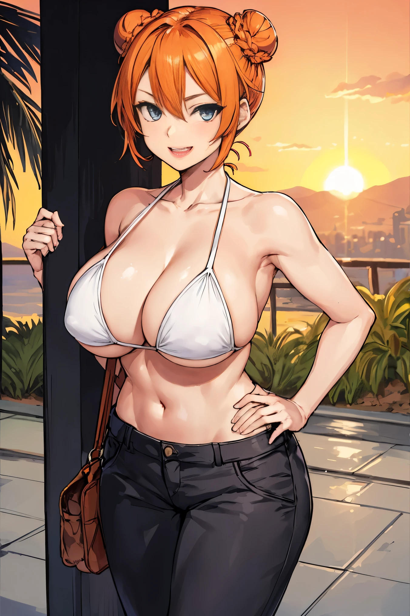 (masterpiece), best quality, expressive eyes, perfect face, 1girl, solo, tomboy, mature female, big breasts, short hair, Cleavage, orange hair BREAK hair buns, double buns, brave smile, looking at viewer, standing, blue eyes BREAK sling bikini top, white bikini BREAK standing, sunset sky, orange sky, palmtree, grass, coast, open mouth, hands on hips
