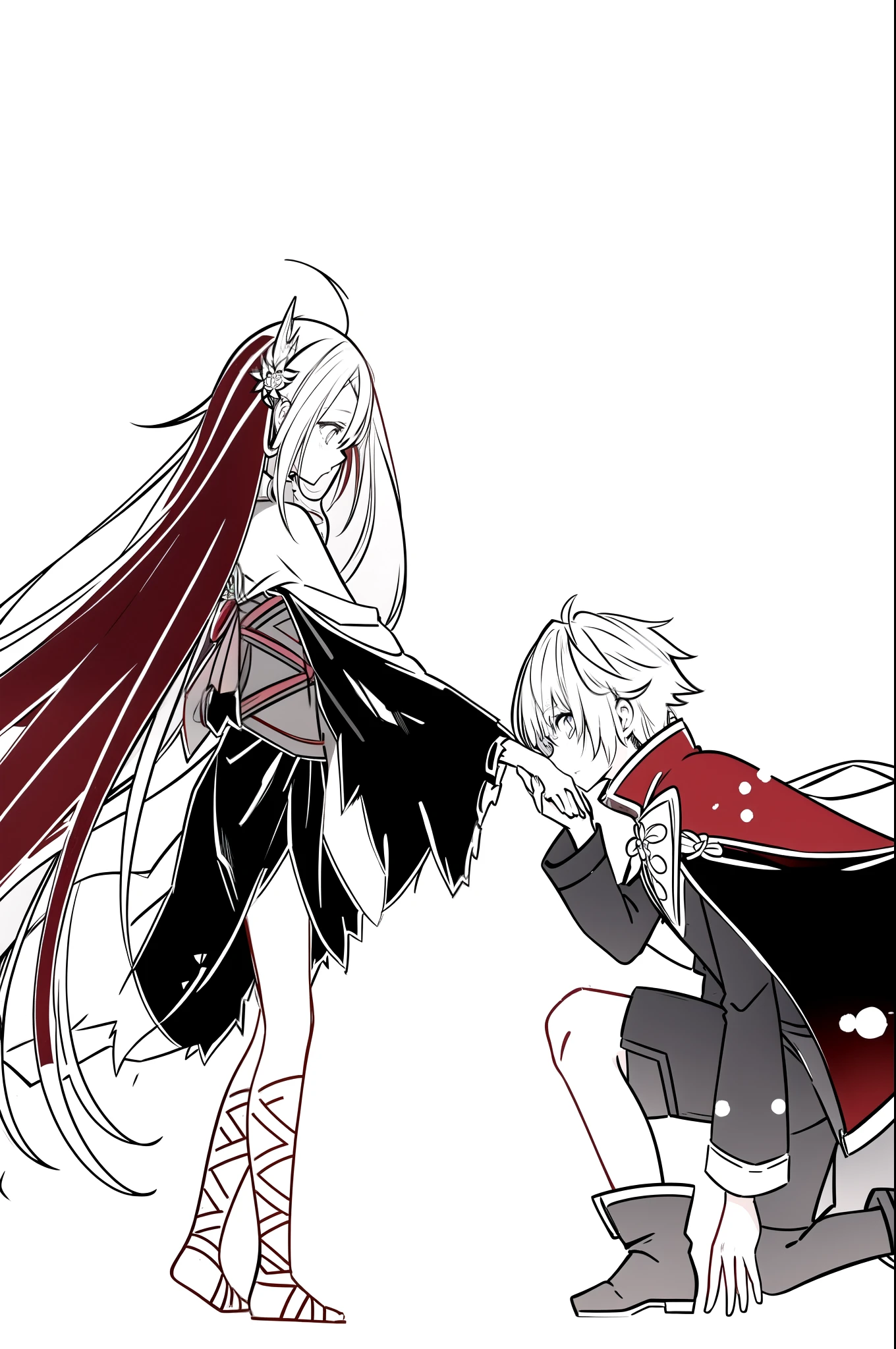 desenho de anime de um homem e uma mulher de vestido e capa, arte conceitual do amor, Hidari e Vlop, arte linear perfeita, anime estilo sao, arte de linha!!, fanart de alta qualidade, anime cel shaded, com capa, line sketch!!, em uma capa com cabelos longos, in ryuuou no oshigoto art style, quadro-chave de anime, em uma linda floresta, onde cai varias folhas