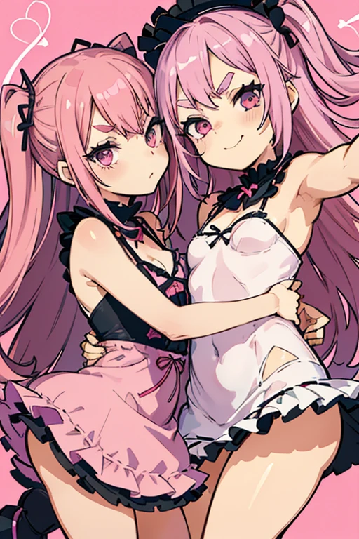 Girls with pink hair, long double-tailed hairstyle, ((small pink bushy eyebrows)), wearing ta clothing, marked vagina, loli(Zankuro) drawing style by zankuro artist, Zancro style, image uploaded to R34, flirty smile, take a selfie from below, close-up, (( showing pubes )) in street grabbing breast each other