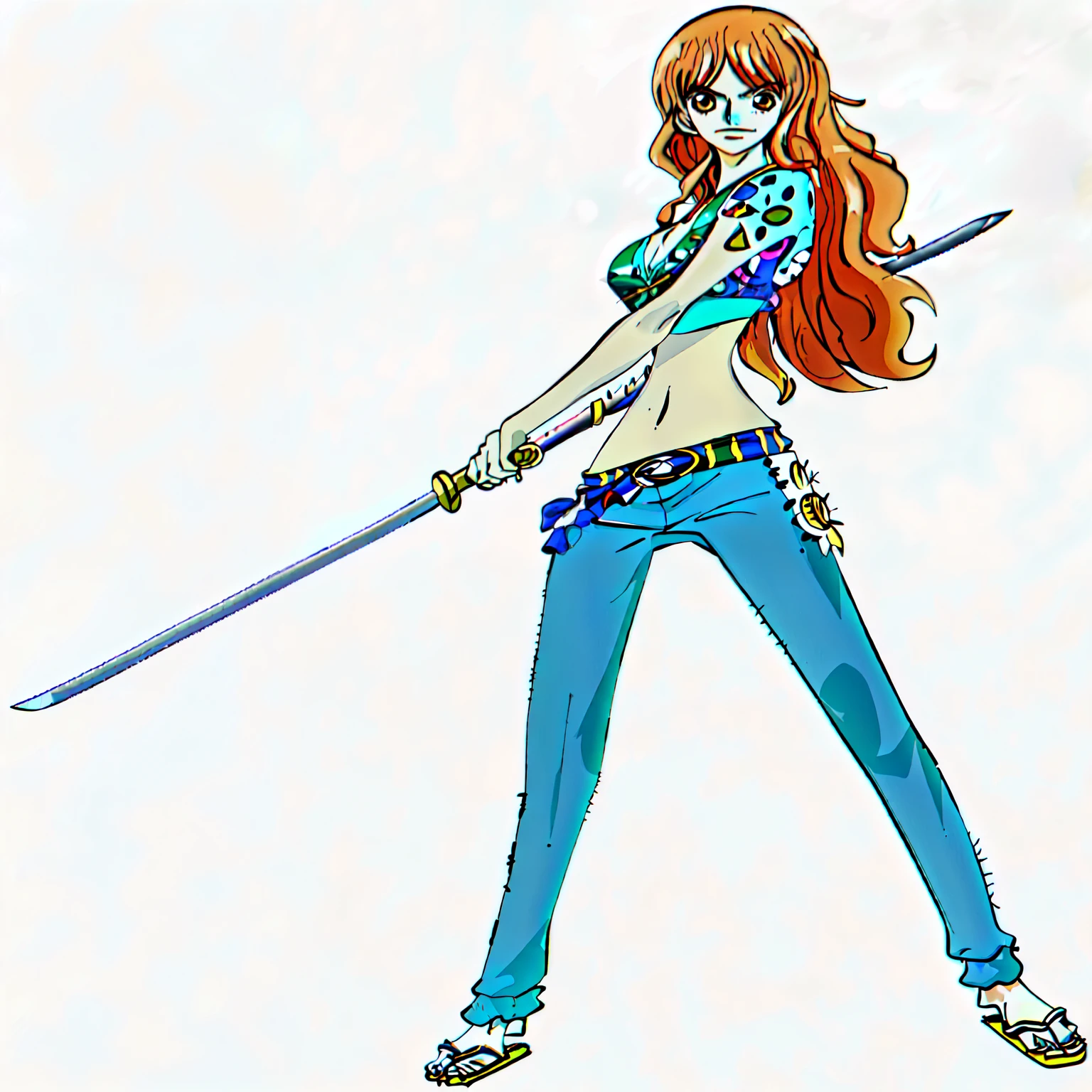 a woman with a sword and a green top is standing, US one piece, US of one piece, US, beautiful portrait of US, of one piece, Erza Scarlet como uma pessoa real, estilo of one piece, estilo de arte of one piece, inspirado em Eiichiro Oda, estilo eiichiro oda, anime style, colorido digitalmente