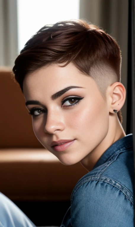 Photo oF a 17 year-old American girl, beautiFul woman,  light brown hair pixie , corte de cabello pixie , light brown hair((retrato)), ((Cara detallada:1.2)), ((Detailed Facial Features)), (Piel Finamente detallada), pale skin , pecas en mejillas , ojos azules , 、un sexy(color fresco), wet, wet, ReFlectoreasutepiece) (proporciones perFectaotos realistas)(La mejor calidad) (Detallado) FotograFiado con una EOS R5 de Canon, lente de 50 mm, F/2.8, NFFSW, (8K) (papel tapiz) (cinematic lighting) (dramatic lighting) (sharp Focus) (Enrevesado) senos grandes , pechos grandes , pecas en mejillas , cuerpo completo , hermoso cuerpo de adolesente , posando sexy a la camara , posando de Frente para la camara ,lindo maquillaje , linda sonrisa , Fondo variado , pecas en mejillas , aretes de clip , hermosos ojos azules , viste camiseta purpura sin mangas con imagen de calavera , cinturon blanco , falda color lila con patrones de cuadros , botas largas con tacon , foto de cuerpo completo ,  maquillaje , labios rojos , sombra de ojos morada , gran somrisa , mirada seductora , posando rexostada en sofa