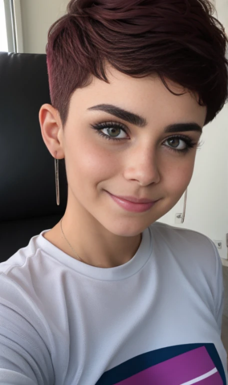 Photo oF a 17 year-old American girl, beautiFul woman,  light brown hair pixie , corte de cabello pixie , light brown hair((retrato)), ((Cara detallada:1.2)), ((Detailed Facial Features)), (Piel Finamente detallada), pale skin , pecas en mejillas , ojos azules , 、un sexy(color fresco), wet, wet, ReFlectoreasutepiece) (proporciones perFectaotos realistas)(La mejor calidad) (Detallado) FotograFiado con una EOS R5 de Canon, lente de 50 mm, F/2.8, NFFSW, (8K) (papel tapiz) (cinematic lighting) (dramatic lighting) (sharp Focus) (Enrevesado) senos grandes , pechos grandes , pecas en mejillas , cuerpo completo , hermoso cuerpo de adolesente , posando sexy a la camara , posando de Frente para la camara ,lindo maquillaje , linda sonrisa , Fondo variado , pecas en mejillas , aretes de clip , hermosos ojos azules , viste camiseta purpura sin mangas con imagen de calavera , cinturon blanco , falda color lila con patrones de cuadros , botas largas con tacon , foto de cuerpo completo ,  maquillaje , labios rojos , sombra de ojos morada , gran somrisa , mirada seductora , posando rexostada en sofa