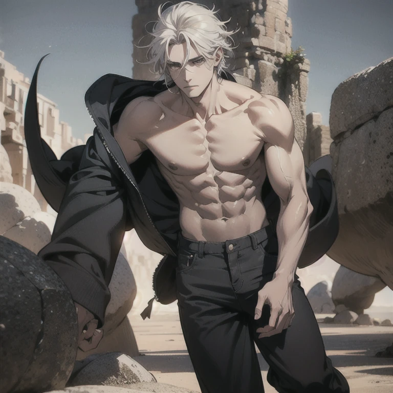 Elfo alto e definido, cabelos prateados e olhos roxos, shirtless and loose pants with a serious face