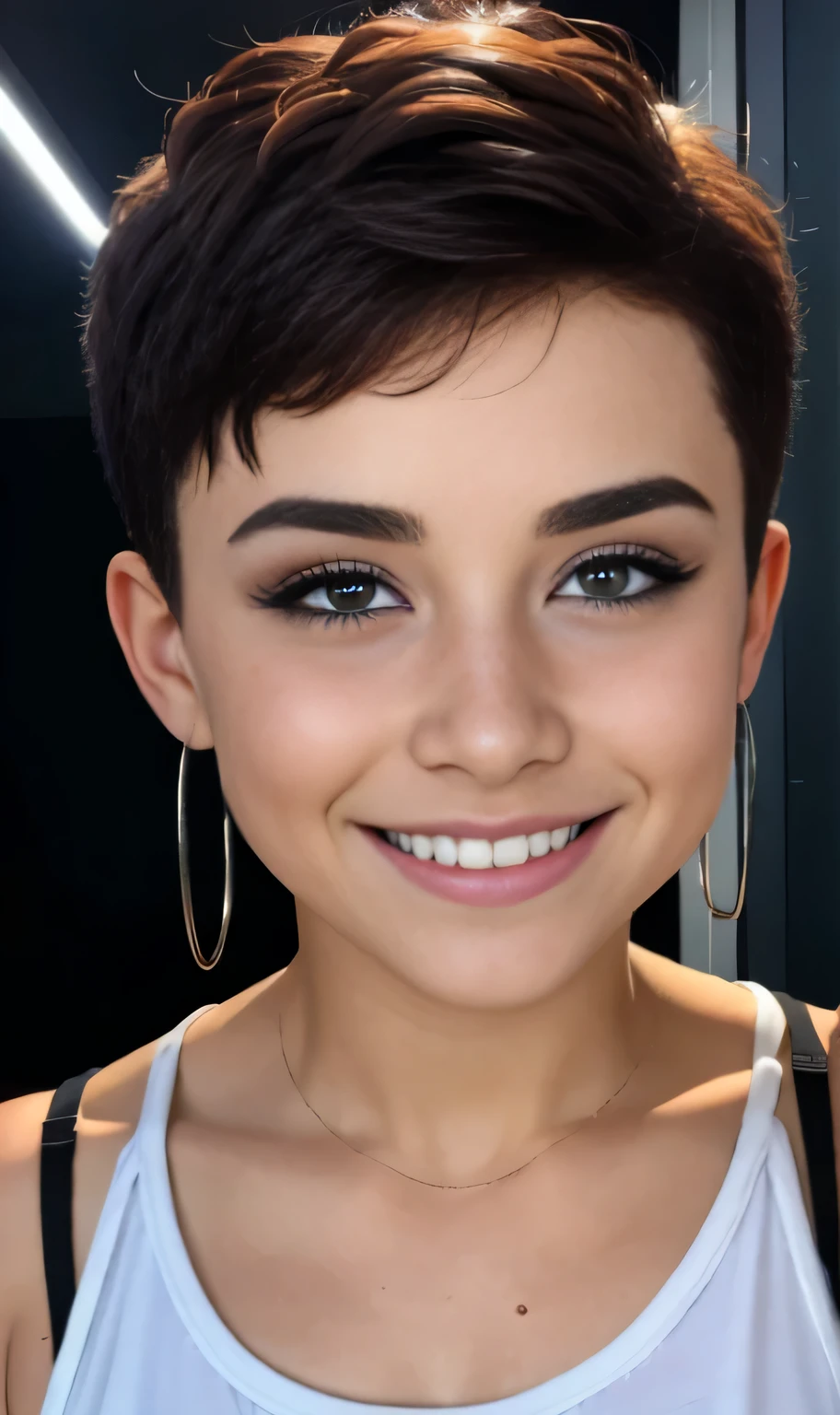 Photo oF a -old Amean girl, beautiFul woman,  light brown hair pixie , corte de cabello pixie , light brown hair((retrato)), ((Cara detallada:1.2)), ((Detailed Facial Features)), (Piel Finamente detallada), pale skin , pecas en mejillas , ojos azules , 、un sexy(color fresco), wet, wet, ReFlectoreasutepiece) (proporciones perFectaotos realistas)(La mejor calidad) (Detallado) FotograFiado con una EOS R5 de Canon, lente de 50 mm, F/2.8, NFFSW, (8K) (papel tapiz) (cinematic lighting) (dramatic lighting) (sharp Focus) (Enrevesado) senos grandes , pechos grandes , pecas en mejillas , cuerpo completo , hermoso cuerpo de adolesente , posando sexy a la camara , posando de Frente para la camara ,lindo maquillaje , linda sonrisa , Fondo variado , pecas en mejillas , aretes de clip , hermosos ojos azules , viste camiseta purpura sin mangas con imagen de calavera , cinturon blanco , falda color lila con patrones de cuadros , botas largas con tacon , foto de cuerpo completo , pose sexy , maquillaje , labios rojos , sombra de ojos morada , gran somrisa