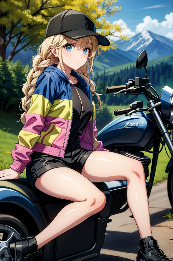 a pretty girl sitting on the side of a motorcycle in the woods, 1girl, ground vehicle, blue eyes, blonde hair, solo, hat, jacket, long hair, braid, mountain, outdoors, motorcycle, black headwear, shorts, looking at viewer, motor vehicle, baseball cap, shoes, black shorts, multicolored jacket, open clothes