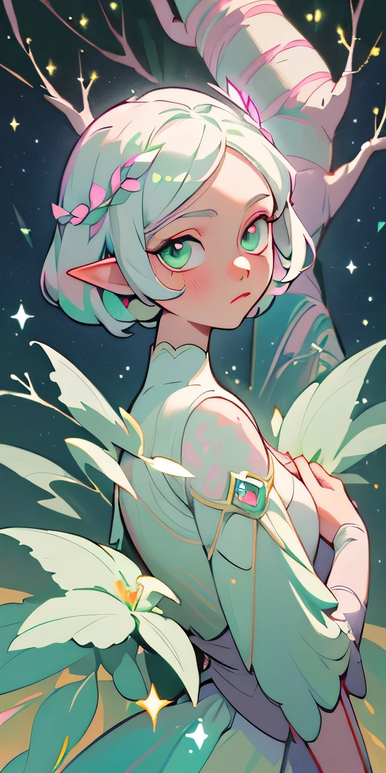 (best quality, masterpiece), 1girl, galaxy, glitter, dress, particle, wind, flower, upper body, dark simple background, looking at viewer, white hair, light green eyes colour, pastel pink blue and white colors scheme, stickers, elf, omnipotent goddess, tree of life in the background