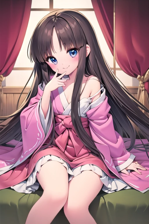 nsfw, tt, 1girl, long hair, solo, houraisan kaguya, smile, blush, sitting, very long hair, off shoulder, looking at viewer, strap slip, skirt, bare shoulders, finger to mouth