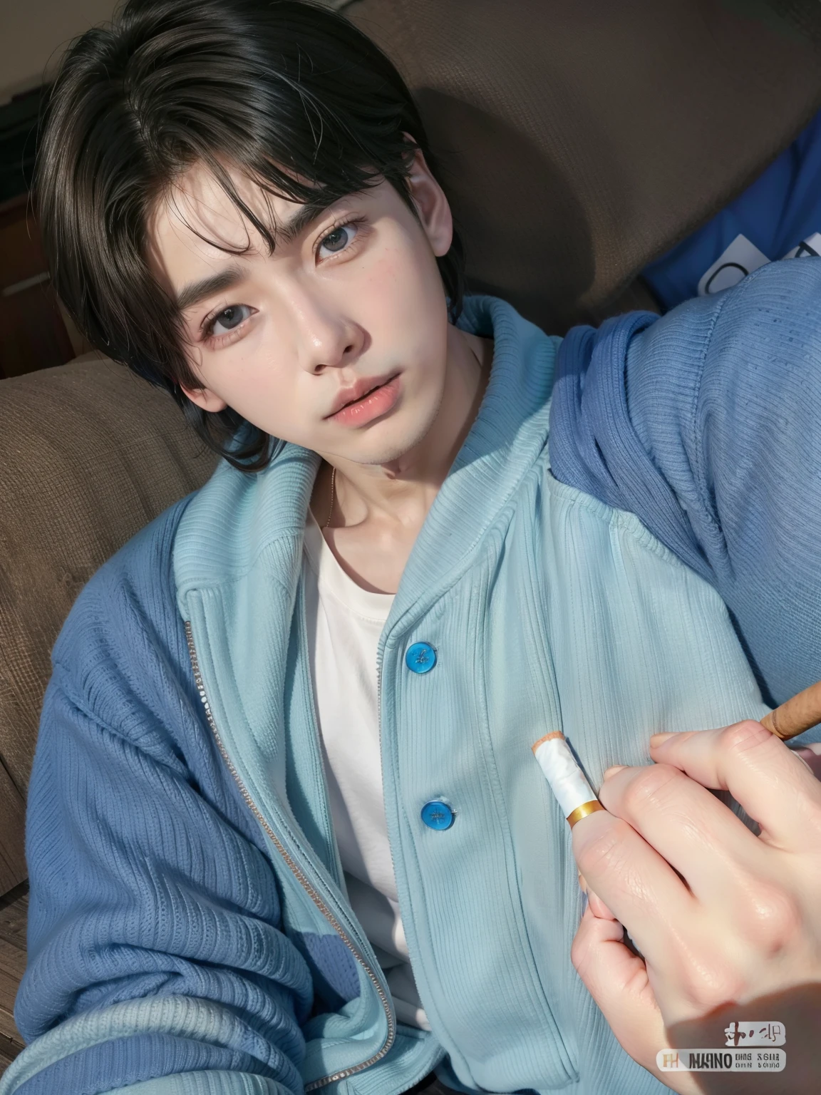 Hombre arafed con una chaqueta azul sosteniendo un cigarrillo., Cai Xu Kun, jinyoung shin, pintar ulzzang, kim doyoung, yanjun chengt, hyung tae, Jung Jaehyun, kim taejin, young pale angel, aesthetic jinyoung pimple, Hong June Hyung, inspirado en Bian Shoumin, jungkook, sakimichan, sha xi