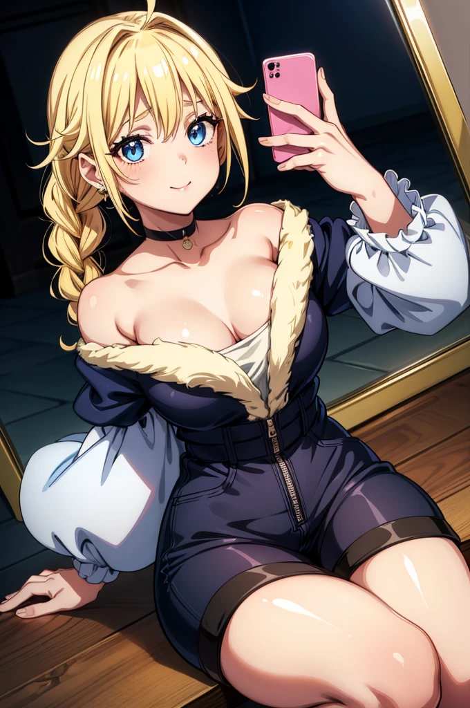 (((beautiful, best quality))), (((thicker lines))), looking at mirror, taking a selfie, standing, curvy, (1 girl), black and blue hair, medium hair, two ponytails, hair between eyes, ((multicolored hair, gradient gair l, two-tone hair)), big eyes, ((slanted eyes)), Ombre lipstick, cute face, oval face, ear rings, blushing, orange eyes, medium chest, (thick eye liner), (long eyelashes), ((detailed eyes)), ((detailed smile)), choker, sliver jacket, fur trim, sleeves rolled up, sliver short pants, feet, better clothes, detailed clothing, perfect clothes, ((shiny skin)), ((glowify)), Eiko Tsukimi, blue eyes, braid, twin braid,(((blonde hair))),baseball cap