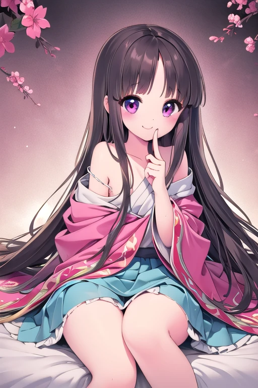 nsfw, tt, 1girl, long hair, solo, houraisan kaguya, smile, blush, sitting, very long hair, off shoulder, looking at viewer, strap slip, skirt, bare shoulders, finger to mouth