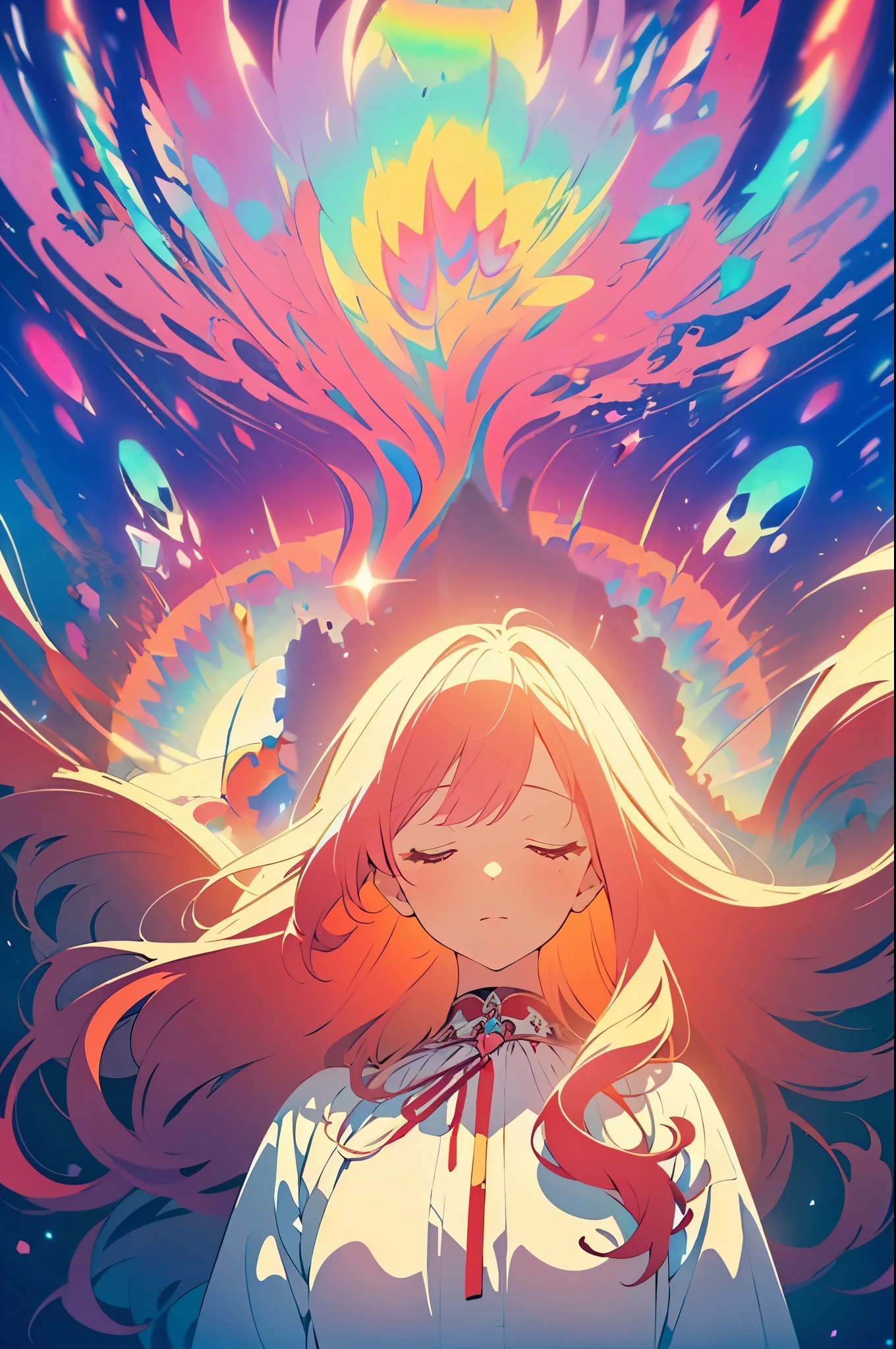 (8 k, top quality, masterpiece: 1.2), (psychedelic art:1.5), (from below:1.2), White dress, upper body, closed eyes, young woman, (flat color:1.1), original, extremely detailed wallpaper, girl with wavy hair, Rich color background, Charm background, colorful background, splashes of color, splashes of paint, depth of field, rtx, lighting, glare, reflection, (((flying crystals)))