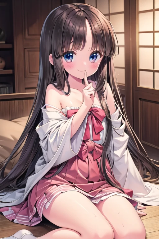 nsfw, tt, 1girl, long hair, solo, houraisan kaguya, smile, blush, sitting, very long hair, off shoulder, looking at viewer, strap slip, skirt, bare shoulders, finger to mouth