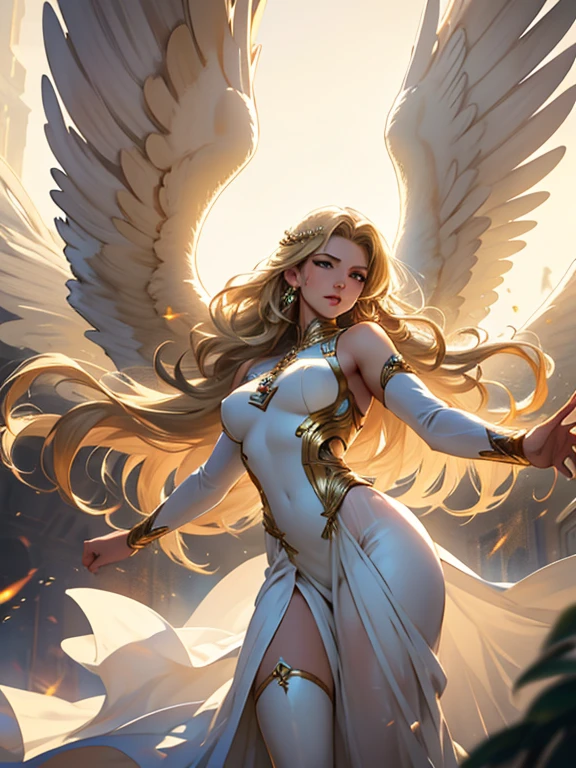 (best quality,8k:1.2,high resolution:1.2),epic cinematic image,glorious appearance,ultra-detalhado,Realistic,vintage godess angel female with big opened wings,long blonde curly hair,rosto extremamente detalhados,long soft white dress,glossy tights,metalic golden accessories,Physically-based rendering,sharp focus,natural lighting