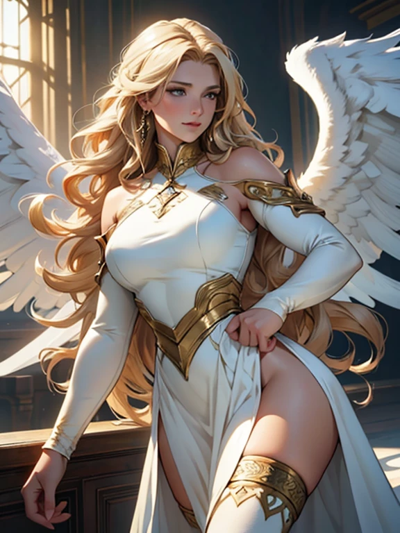 (best quality,8k:1.2,high resolution:1.2),epic cinematic image,glorious appearance,ultra-detalhado,Realistic,vintage godess angel female with big opened wings,long blonde curly hair,rosto extremamente detalhados,long soft white dress,glossy tights,metalic golden accessories,Physically-based rendering,sharp focus,natural lighting