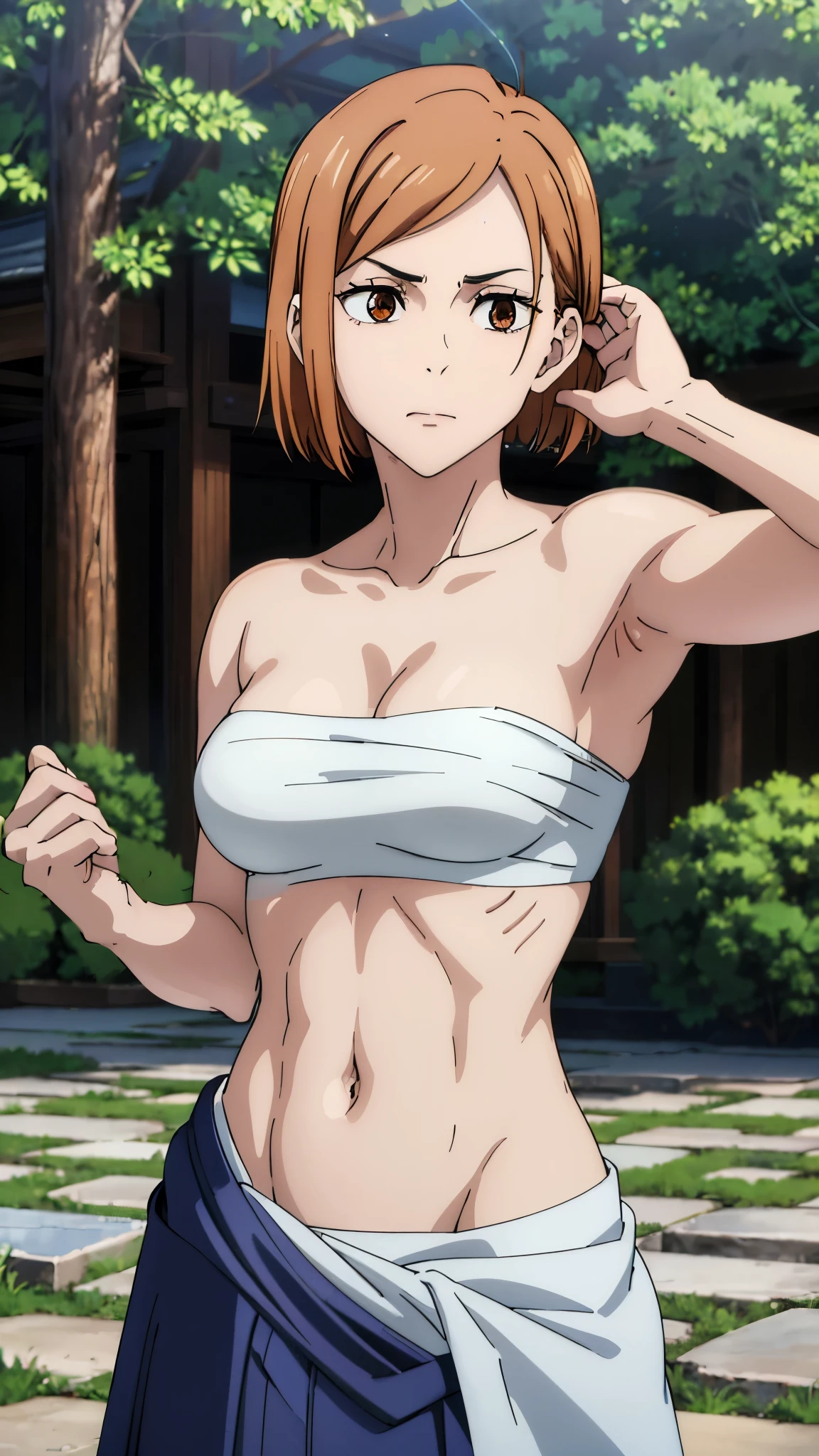 masterpiece, highres, solo, 8k, detailed, perfect face, best quality, (ultra high quality), (looking at viewers), (armpit), collarbone, bare arms, bare shoulders, big breast, cleavage, orange hair, short hair, brown eyes, gradation eyes, belly, stomach, navel, abs, sarashi chest, bandaged breast, (dark blue hakama), slim body, upper body, emotionless, flat face, closed mouth, at forest, hand up