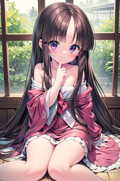 nsfw, tt, 1girl, long hair, solo, houraisan kaguya, smile, blush, sitting, very long hair, off shoulder, looking at viewer, strap slip, skirt, bare shoulders, finger to mouth