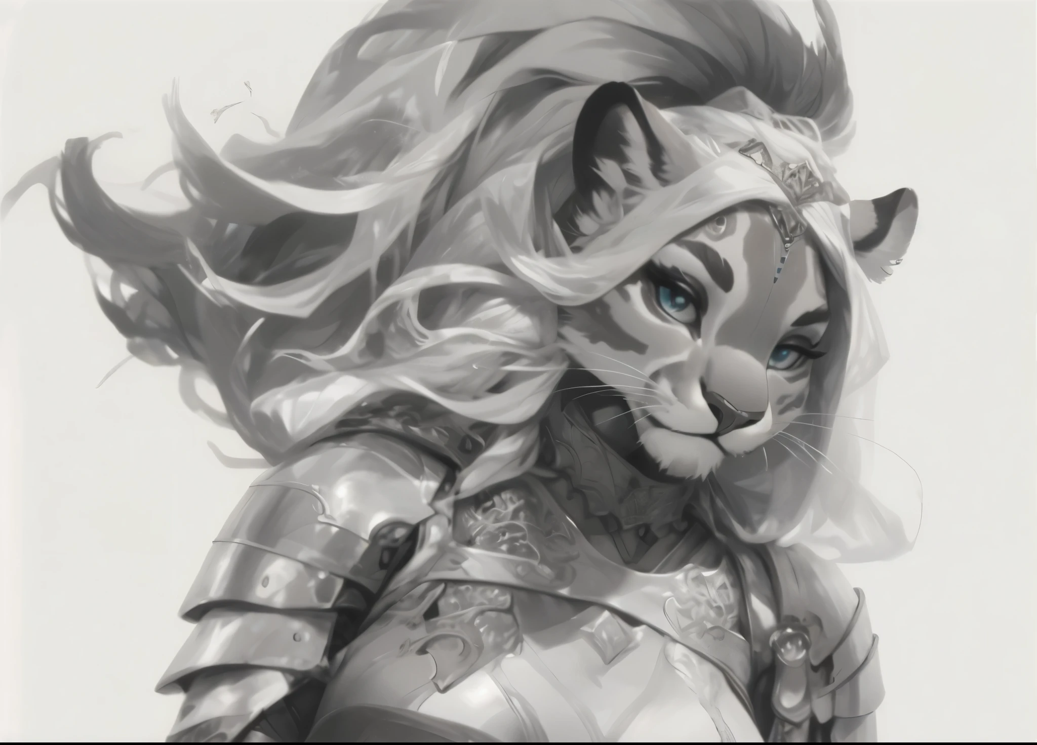 Half-liones furry a half-feline face, hairy style, very sexy and seductive, she has the body and face of a lioness. and a light armor with the lower part only with a transparent cloth with one holding a mass with divine light coming from the painting she is holding a mass on fire an ax on fire a shining war weapon,knight armor