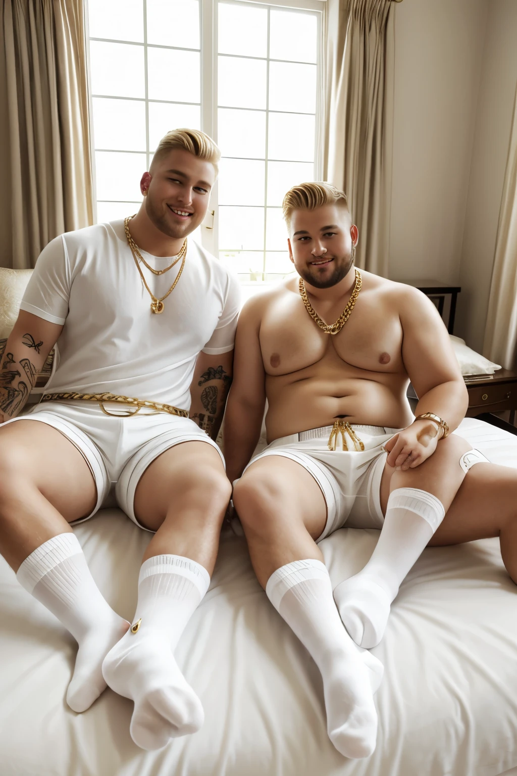 full view, luxury manor bedroom , 2 young blond undercut obese handsome guys lying on the bed, wearing long white socks, fashion Burberry shorts, dozens of of golden rings, chains, bracelets, necklaces, piercings, smiling ,showing off their white socked feet