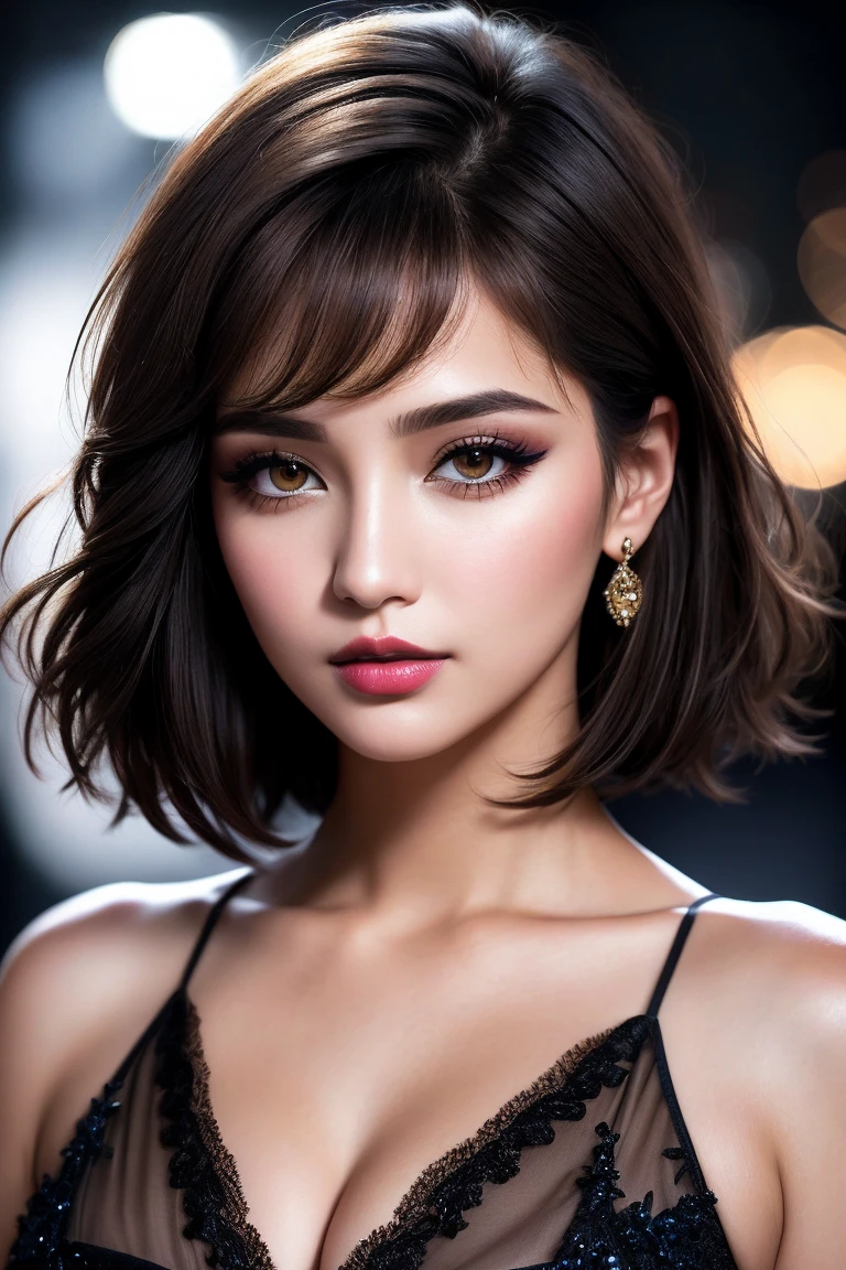 Ultra-realistic、 ultra-detailed primetime portraits、 最high quality、 8K、highest level、 The ultra -The high-definition)、(Super beautiful)、(beautiful face:1.5)、(detailed face:1.5)、(detailed eyes:1.2)、(detailed lip:1.2)、(Detailed nose:1.2)、(cleavage:1.23)、1girl:1.3 22years old、fashion supermodel、real:1.75、photorealistic:1.75、very delicate and beautiful、fine detailasterpiece、 最high quality、 high quality、 absurdres、 (sharp fous)、(Glamour, paparazzi taking pictures of her)、 (light dark short hair、extremely detailed)、 contrast、 (dark shot:1.2)、 Long blue_eyelashes:1.27、 (dark_eyeshadows:1.35)、 red_lipstick:1.45、((perfect round eyes))、 ((brown_eyes:1.4))、 (dark_makeup:1.35)、(matte skin:1.3)、 ((waist up body shot)), various shot angle 