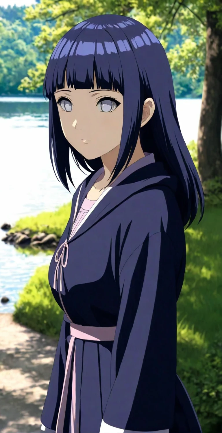 close-up from side, (30 years old adult-Hinata) walk next to lake, [enchanting, surreal, studio lighting, HDR, UHD, K]