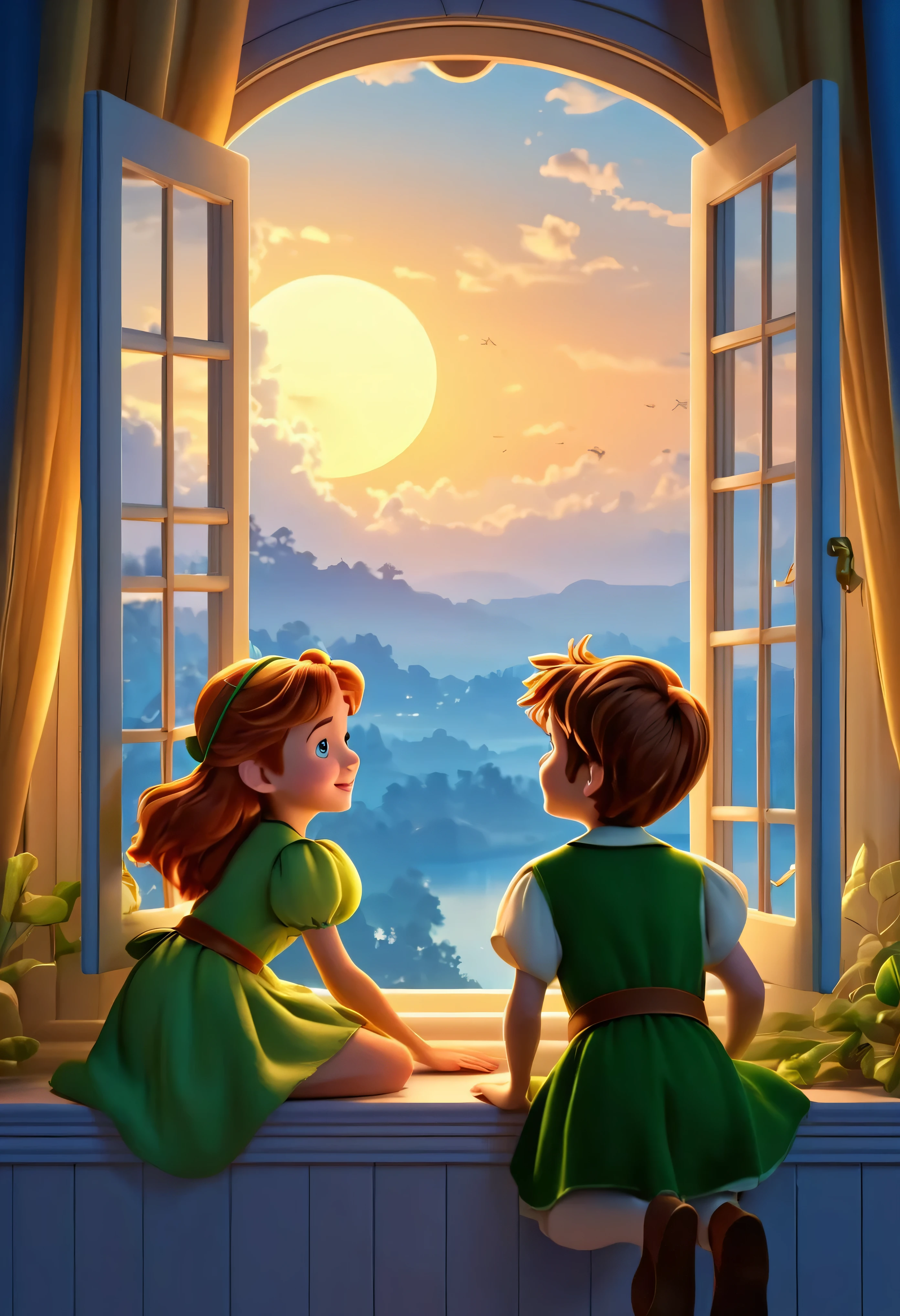 (cartoon) Peter Pan and bell: Wendy Look out the window, the window should always remain open, Cartoon style, children’s cartoon, children’s tale, evening tale. (best quality, 8k, masterpiece: 1.2) ultra-detailed.