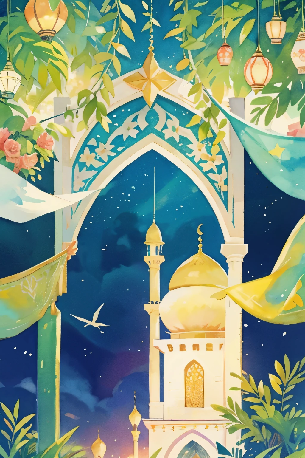 banner, 9:16, eid al fitr, eid mubarak, ramadhan, nastar, green, mosque, watercolor