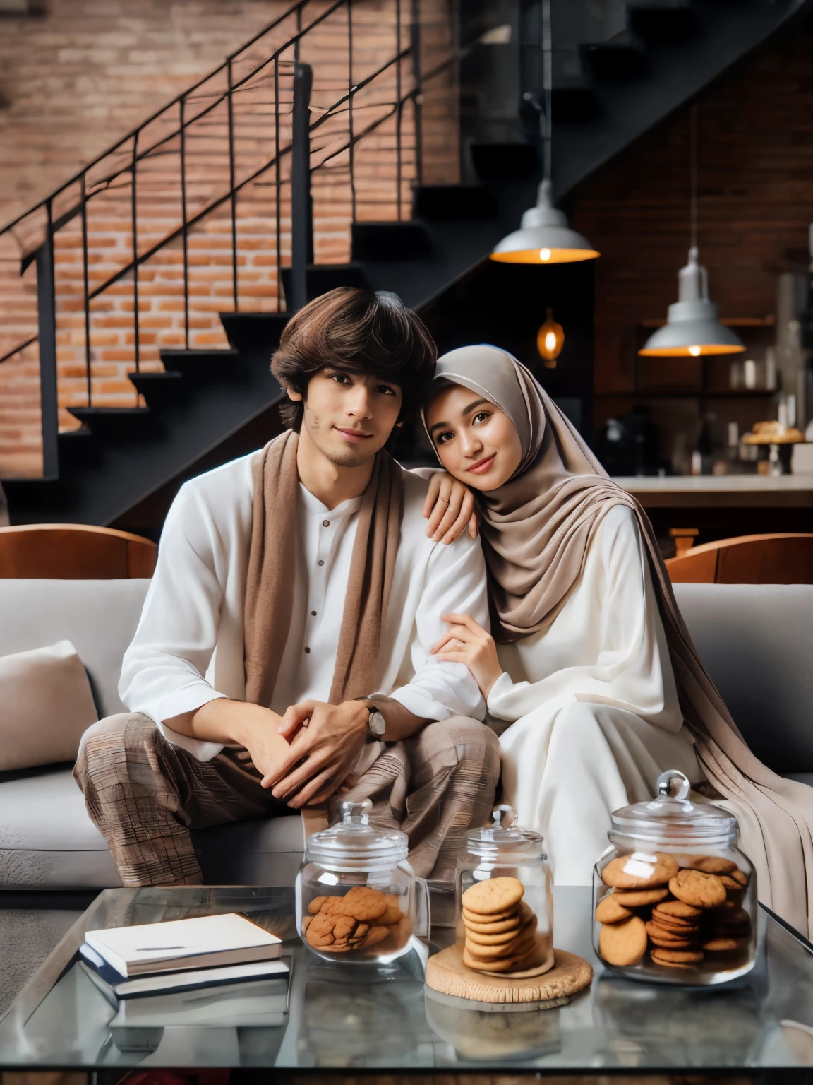 they are sitting on a couch with cookies and cookies on the table, lovely couple, couple pose, portrait shot, shot on canon eos r 5, shot on canon eos r5, couple, casual modern clothing, happy couple, white hijab, in romantic style, portrait shot 8 k, couple portrait, true realistic image, shot with canon eoa 6 d mark ii