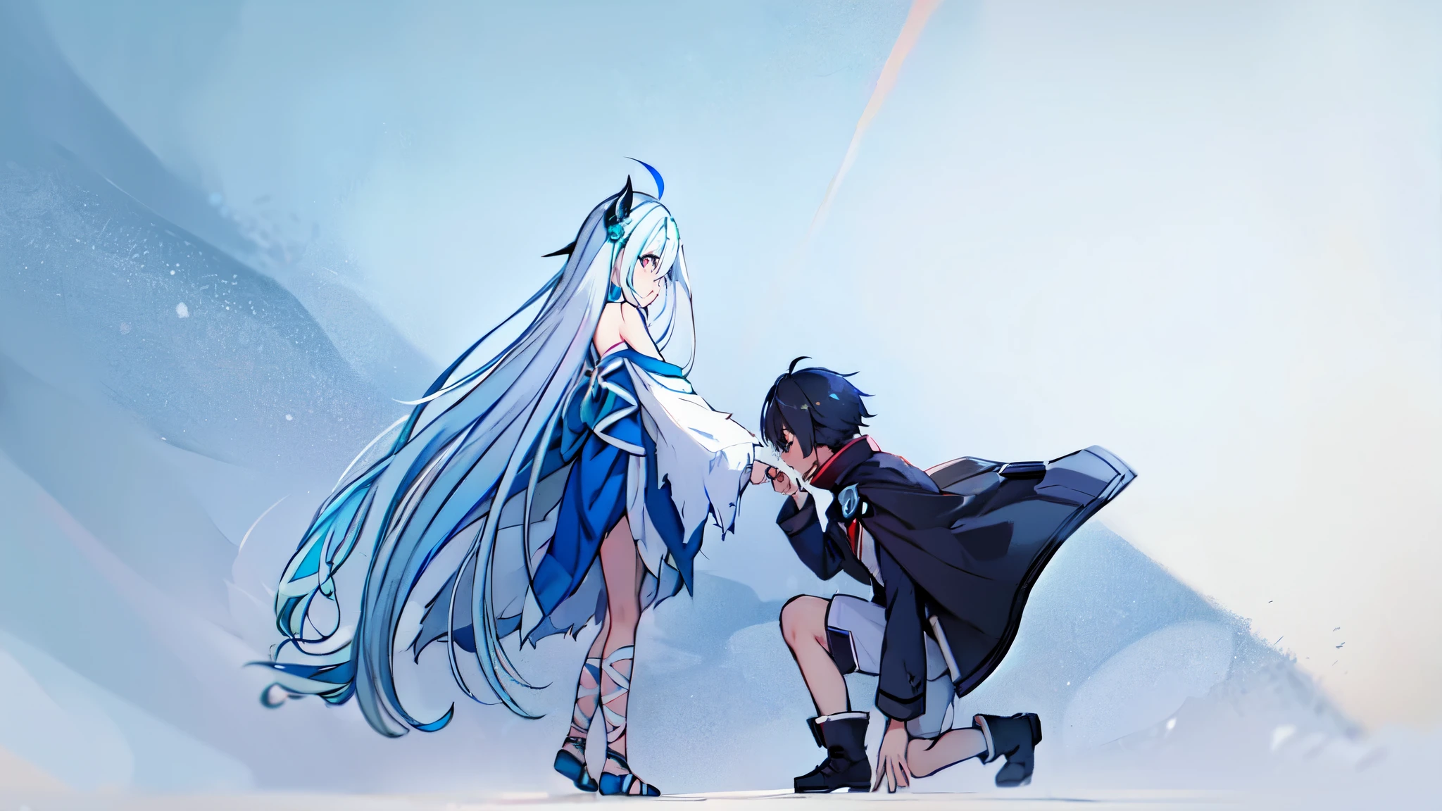 desenho de anime de um homem e uma mulher de vestido e capa, arte conceitual do amor, Hidari e Vlop, arte linear perfeita, anime estilo sao, arte de linha!!, fanart de alta qualidade, anime cel shaded, com capa, line sketch!!, em uma capa com cabelos longos, in ryuuou no oshigoto art style, quadro-chave de anime