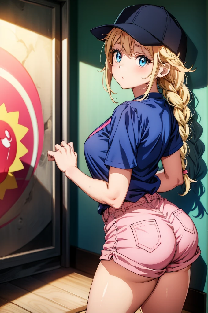 an anime lady with big is wearing a pink shorts and blue top, 1girl, shorts, pink shorts, ass, twin braids, braid, solo, blue eyes, blonde hair, hat, baseball cap, shadow, looking back, shirt, breasts, long hair, short shorts, looking at viewer, blue shirt, short sleeves