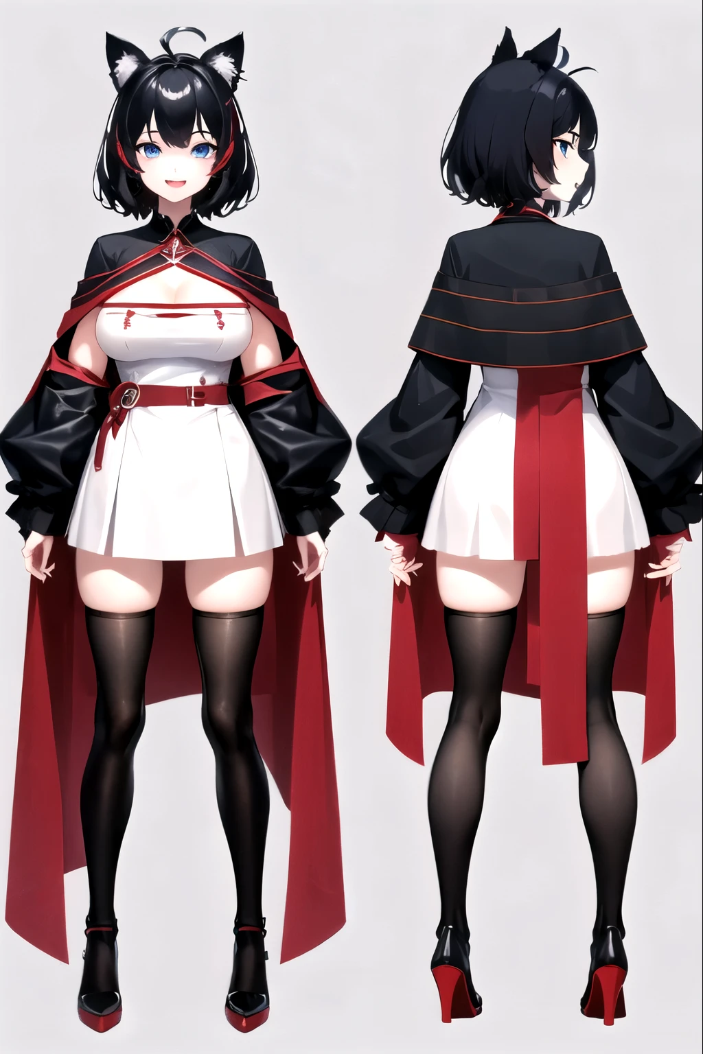 ((upright)), ((arm to the side)), looking at the viewer, simple background、white background, 1 girl, open your mouth, smile, Virtual YouTuber、with a girl、((highest quality, expensive_solve, clear_image)),(black hair), (black cat ears), (Ahoge), (ridiculously short hair), (wavy hair),Red earring color (blue eyes),、laughter、very big breasts、whole body、I can see the cleavage、Dressed in student uniform、Wearing a cape、Wine red and black outfit、character sheet,character reference sheet, character design sheet, ((View from the front, side view)) symmetrical elements of clothing,