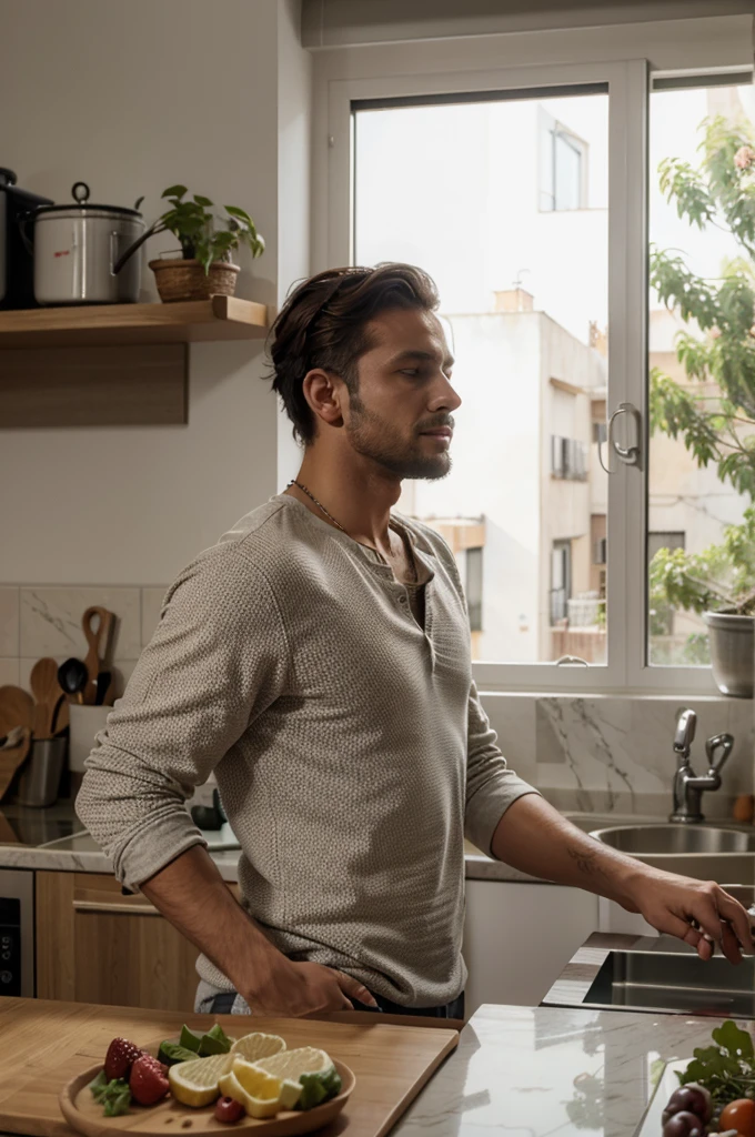 Hombre escuchando un ruido de la ventana de la cocina siendo tocada