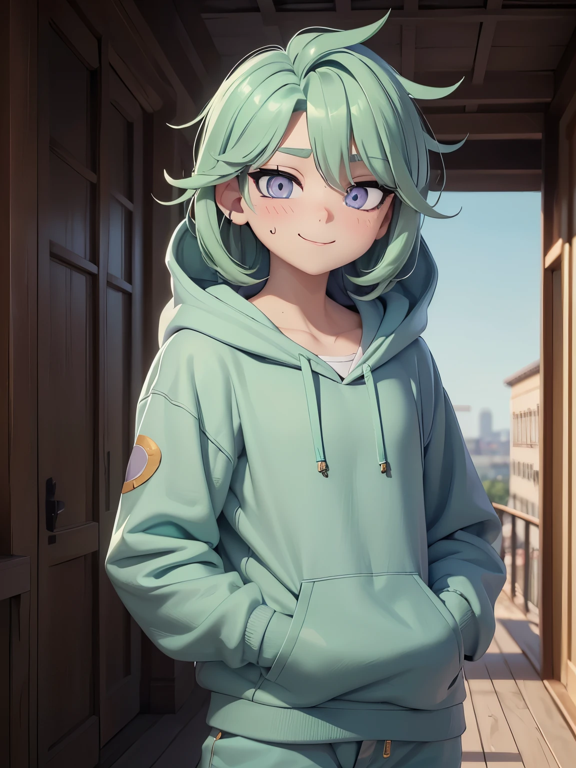 ((highest quality, masterpiece, 4k, finely detailed, detailed eyes, detailed face, gelbooru, pixiv)), warm lighting, ((solo)), 1 male, handsome, feminine, adult male, broad shoulders, closeup of face, ((no chin hair)), portrait, slight blush on cheeks, smiling, looking at viewer, ((lazy eyes, half-lidded, eyebags under eyes, violet eyes with white pupils)), wearing modern clothing,White hoodie with grean jeans jacket on top, black slack pants, standing, hands with peace sign, ((mint green hair, shoulder length hair, wolfcut hairstyle, wavy hair)), city background