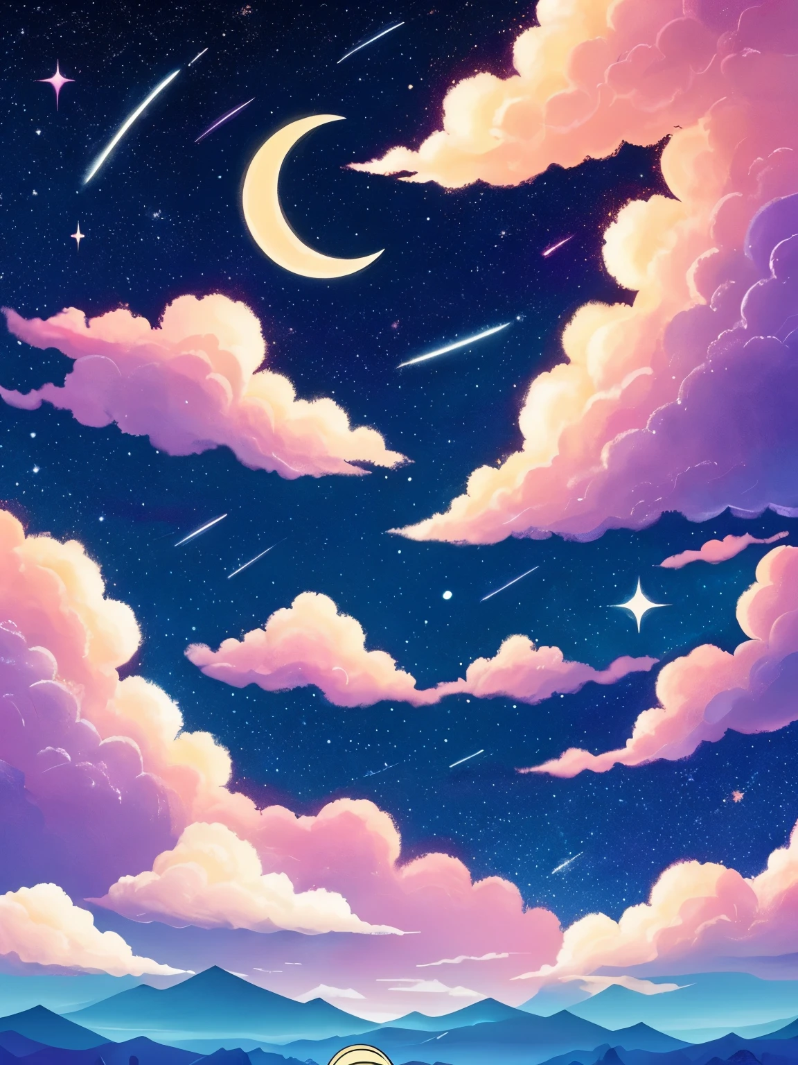 a painting of a crescent and stars in the sky, pixel art by Eva Frankfurther, tumblr, space art, dreamy night, detailed dreamscape, fluffy pink anime clouds, space clouds, anime clouds, anime background, beautiful iphone wallpaper, dreamy clouds, background art, aesthetic clouds in the sky, fantasy puffy sky, anime background art, wallpaper aesthetic, cosmic sky