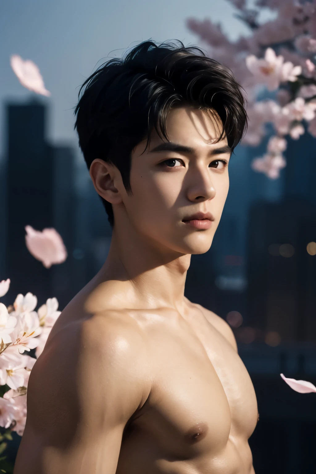 portrait of a 1 boy wearing nothing completely naked, front view, looking at camera, (smirk:0.65), (angry:0.3), cinematic shot on canon 5d ultra realistic, urban atmosphere, skyscrapers, night scene, sakura petals are flying over the background, short hair undercut, (extremely handsome:1.2)
