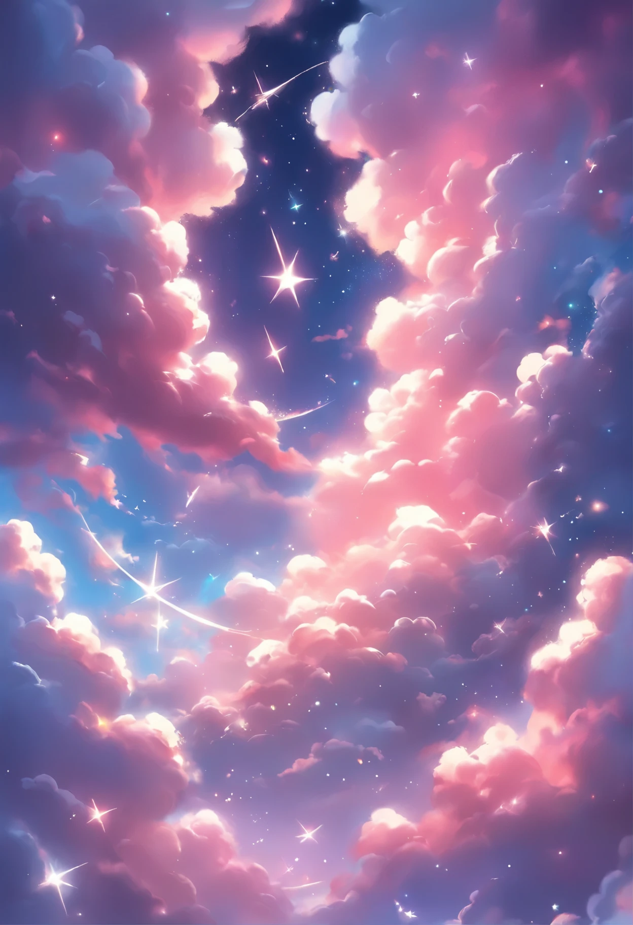 a painting of a crescent and stars in the sky, dreamy night, detailed dreamscape, fluffy pink anime clouds, space clouds, anime clouds, anime background, beautiful iphone wallpaper, dreamy clouds, background art, aesthetic clouds in the sky, fantasy puffy sky, anime background art, wallpaper aesthetic, cosmic sky, sitting on the cosmic cloudscape, cloudy night, night clouds