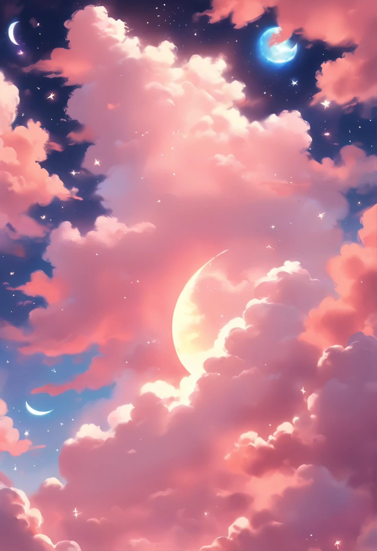 a painting of a crescent and stars in the sky, dreamy night, detailed dreamscape, fluffy pink anime clouds, space clouds, anime clouds, anime background, beautiful iphone wallpaper, dreamy clouds, background art, aesthetic clouds in the sky, fantasy puffy sky, anime background art, wallpaper aesthetic, cosmic sky, sitting on the cosmic cloudscape, cloudy night, night clouds