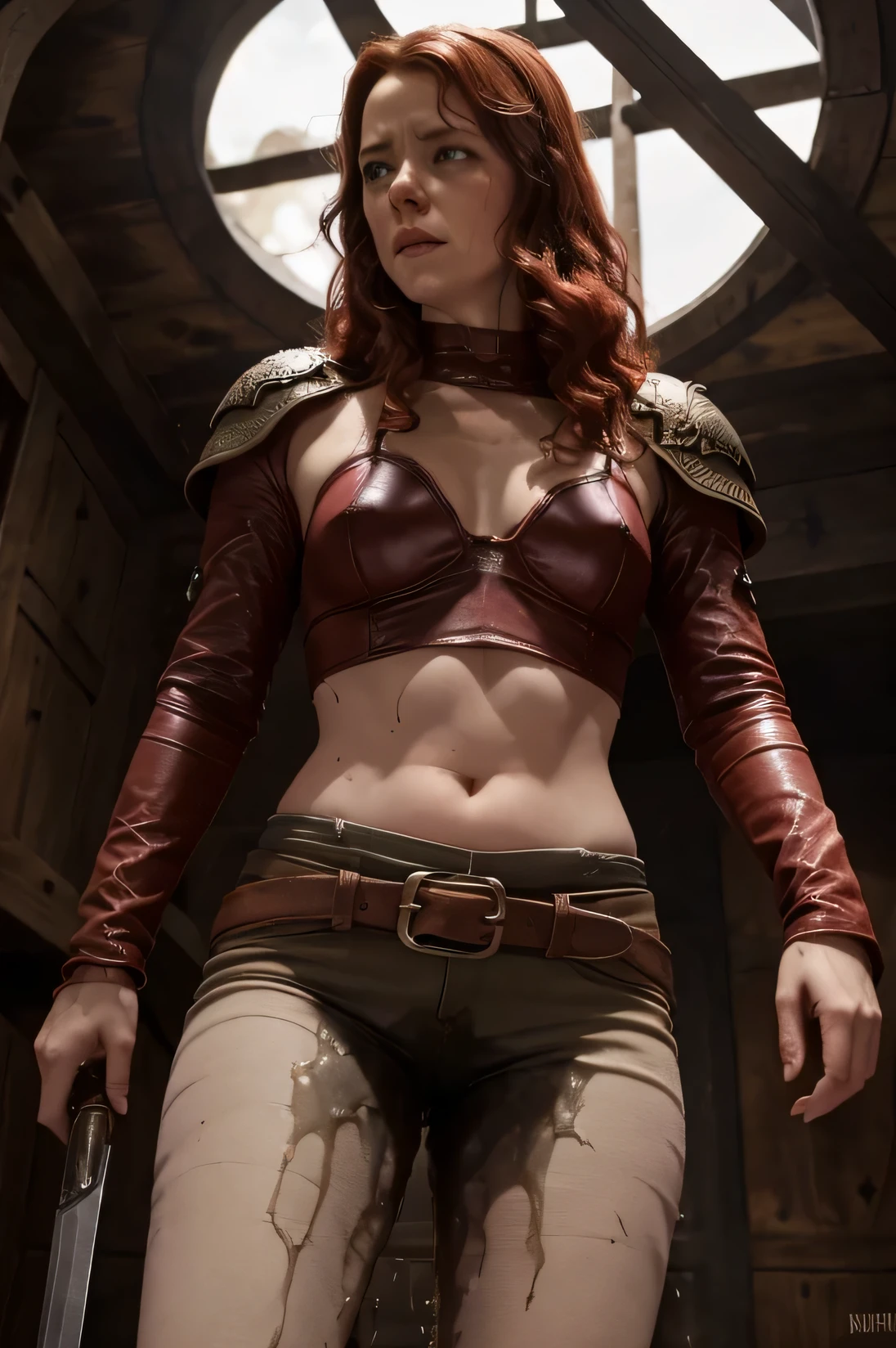 Best quality, highest resolution, dungeons and dragons setting, female wannabe adventurer, sieht aus wie Emma Stone,  light tight leather armor, lockige rote Haare, zwanzig jahre Alt, sportliche Figur,  stands in a dragon cave,  hat panische Angst, erschreckt sich, erschrockener Gesichtsausdruck, pees in her leather armor, nasse Hose, pinkelt sich in die Hose, wets himself out of fear, tears in the eyes, hat richtig Angst, clearly visible wetness in the crotch, has embarrassingly wet herself, ashamed, hat die Hosen voll, lush red curls, totally scared, panische angst, crouches fearfully behind her sword, Urine splashes down her legs, peinlicher Angsthase, peinliches Malheur, heult vor Schande, Heulsuse