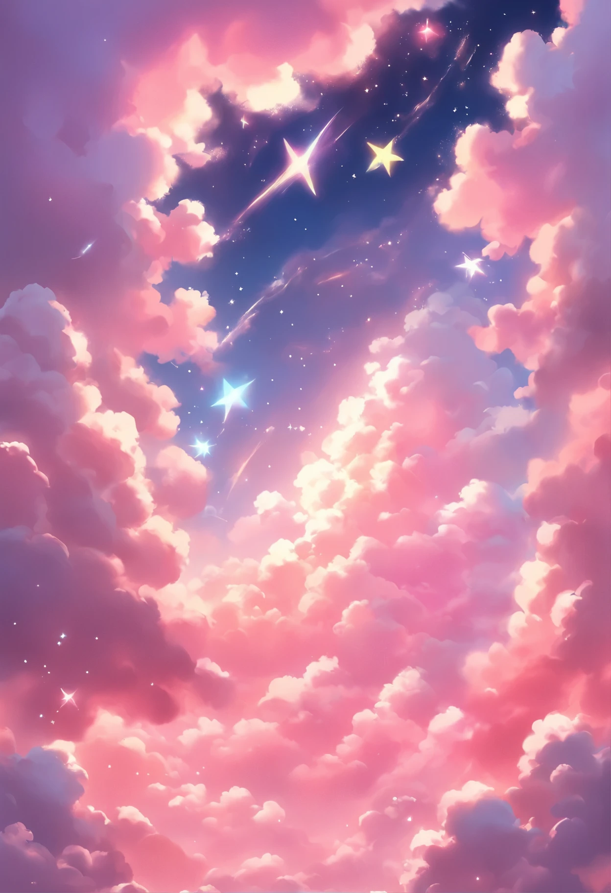 a painting of a crescent and stars in the sky, dreamy night, detailed dreamscape, fluffy pink anime clouds, space clouds, anime clouds, anime background, beautiful iphone wallpaper, dreamy clouds, background art, aesthetic clouds in the sky, fantasy puffy sky, anime background art, wallpaper aesthetic, cosmic sky, sitting on the cosmic cloudscape, cloudy night, night clouds