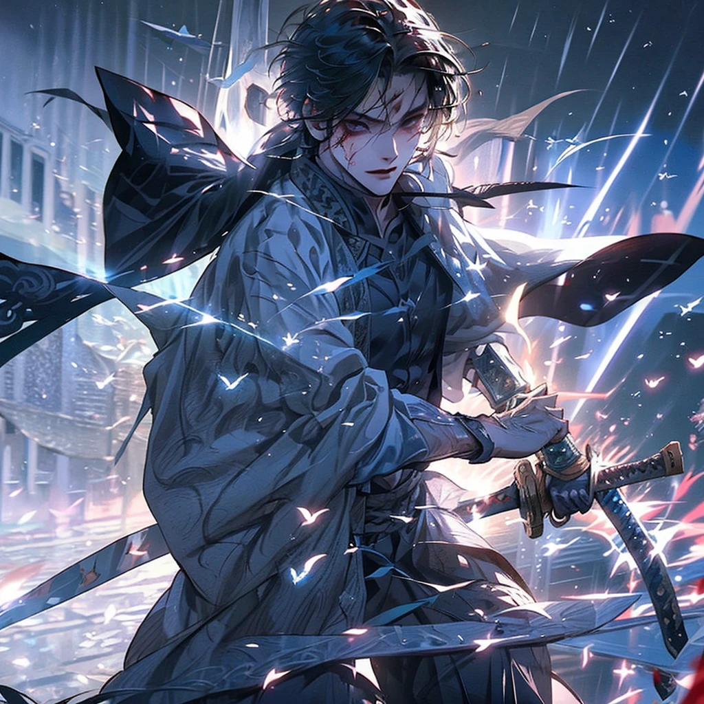 a black hair men holds a sword to a war, shining blade, fantasy sword, light effect on sword, masterpiece, best quality, dramatic lighting, fighting pose, dramatic scenery, war scenery, young men, handsome men, magnificent men, fantasy effect, shining blade, holding sword, war, battlefield, chaos scenery, battlefield scenery, cool handsome swordsman, martial arts, martial arts pose, detailed eyes, intense eyes, tall, smirk with fierce eyes, fierce facial expression, bleeding, cinematic shot, detailed background, battlefield background, (enemies npc), (solo men), (1men)