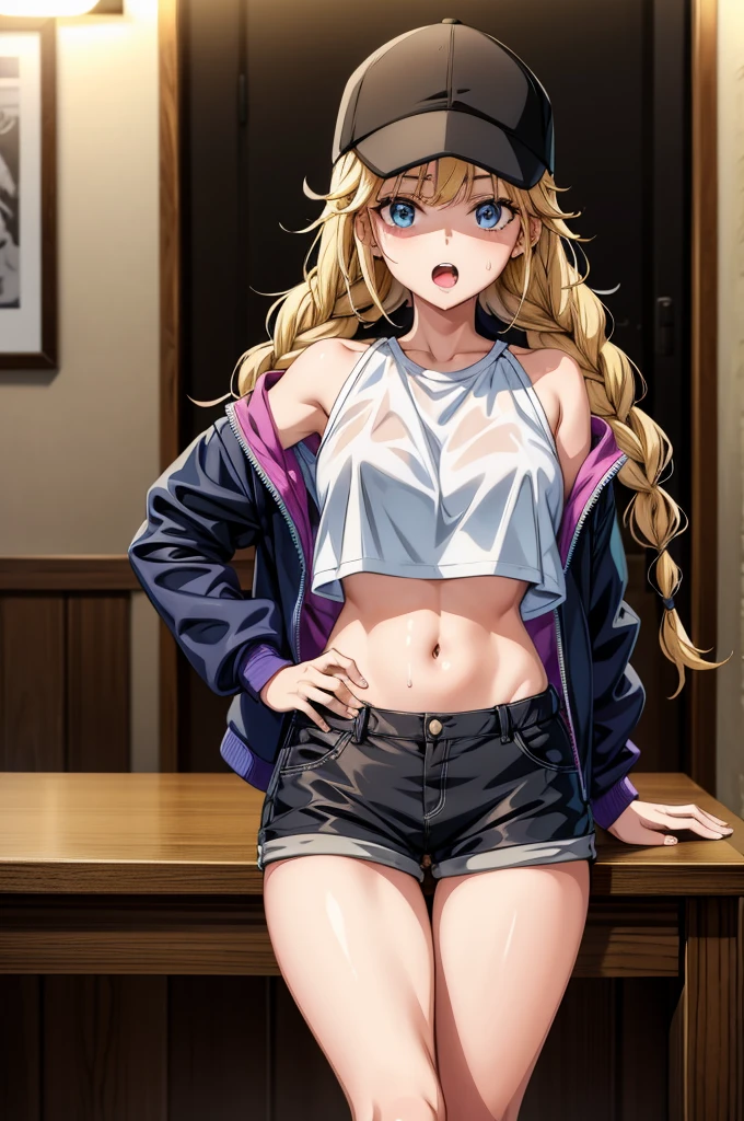 the top legged anime girl in a black hat on a desk in front of two tables, 1girl, navel, solo, twin braids, blue eyes, braid, hat, shorts, blonde hair, breasts, jacket, open mouth, sweat, open jacket, shirt, crop top, looking at viewer, long hair, midriff, short shorts, indoors, baseball cap, thighs, open clothes, stomach, bangs